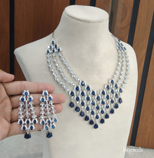 Silver Blue American Diamond Ad Julia Necklace Set