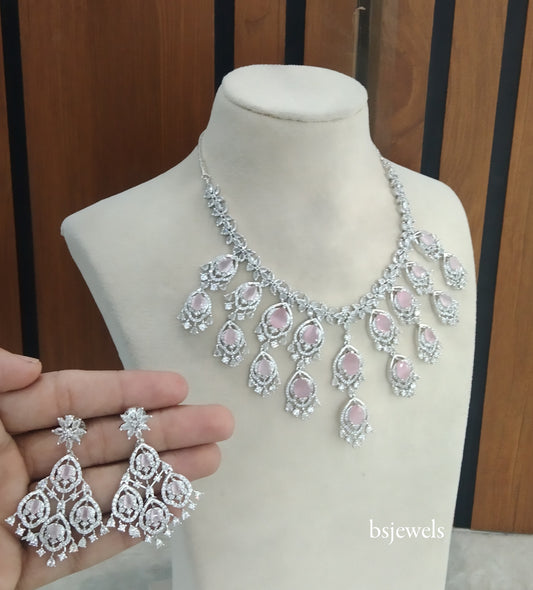 Silver Baby Pink American Diamond Ad Nora Necklace Set