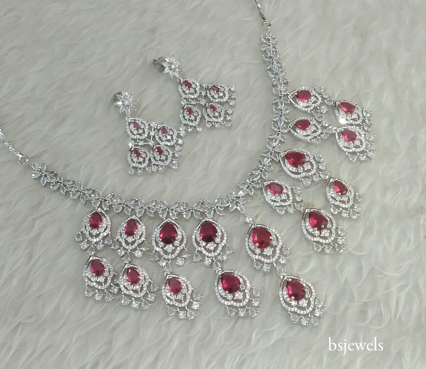 Silver Ruby American Diamond Ad Nora Necklace Set