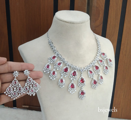 Silver Ruby American Diamond Ad Nora Necklace Set