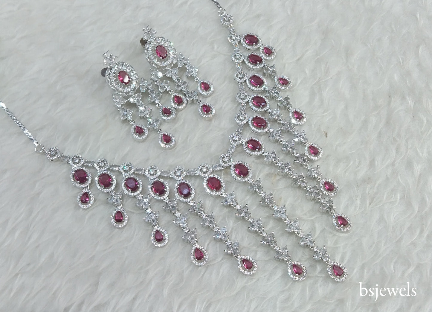 Silver Ruby American Diamond Ad Luna Necklace Set