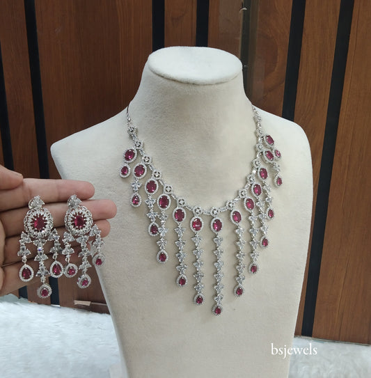 Silver Ruby American Diamond Ad Luna Necklace Set