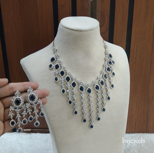 Silver Green American Diamond Ad Luna Necklace Set