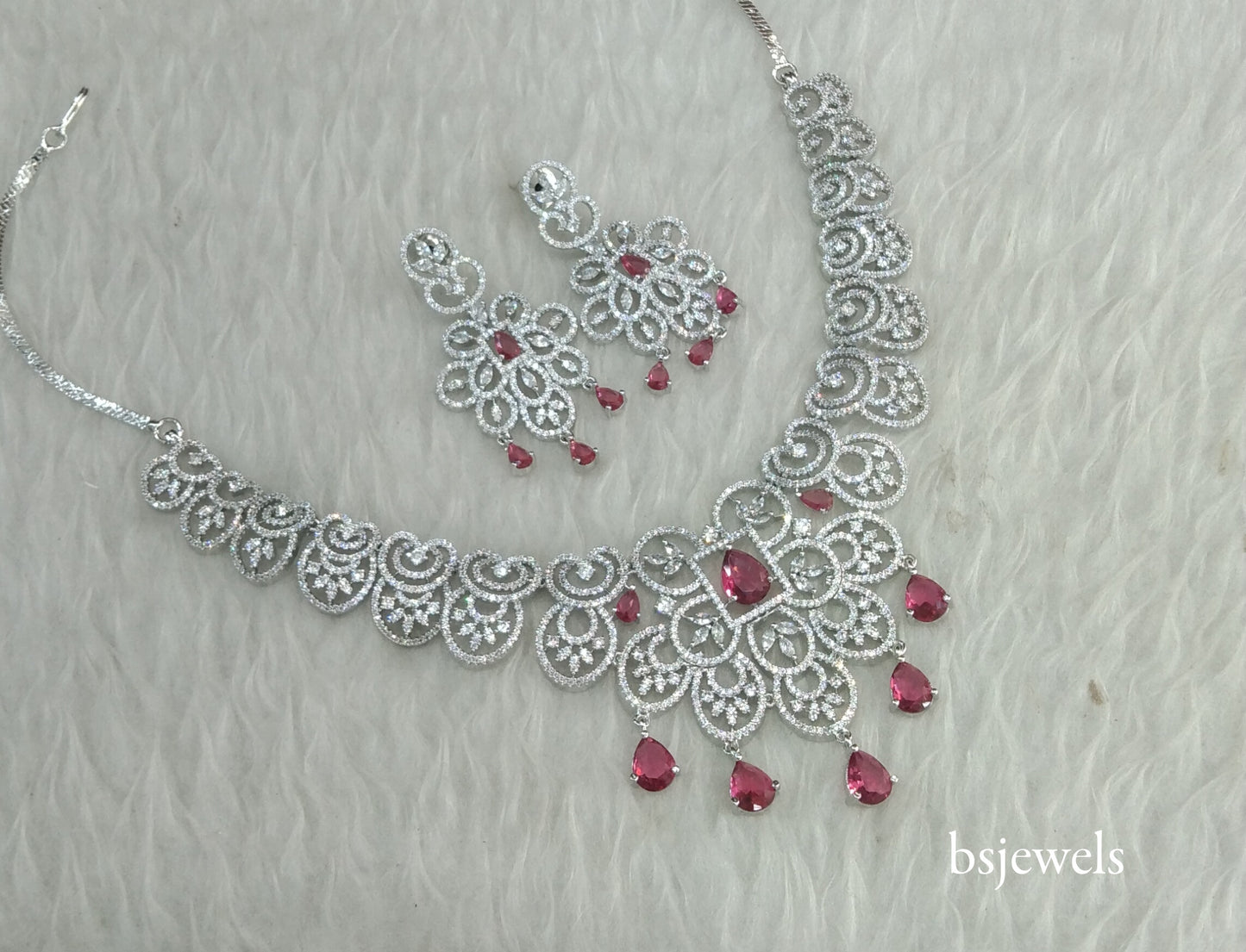 Silver Ruby American Diamond Ad Vera Necklace Set