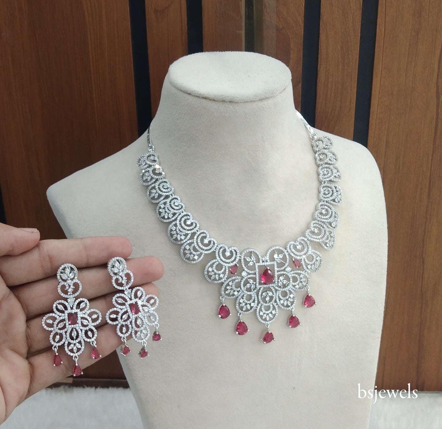 Silver Ruby American Diamond Ad Vera Necklace Set
