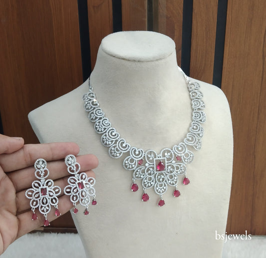 Silver Ruby American Diamond Ad Vera Necklace Set