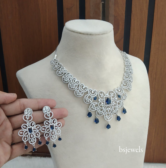 Silver Blue American Diamond Ad Vera Necklace Set