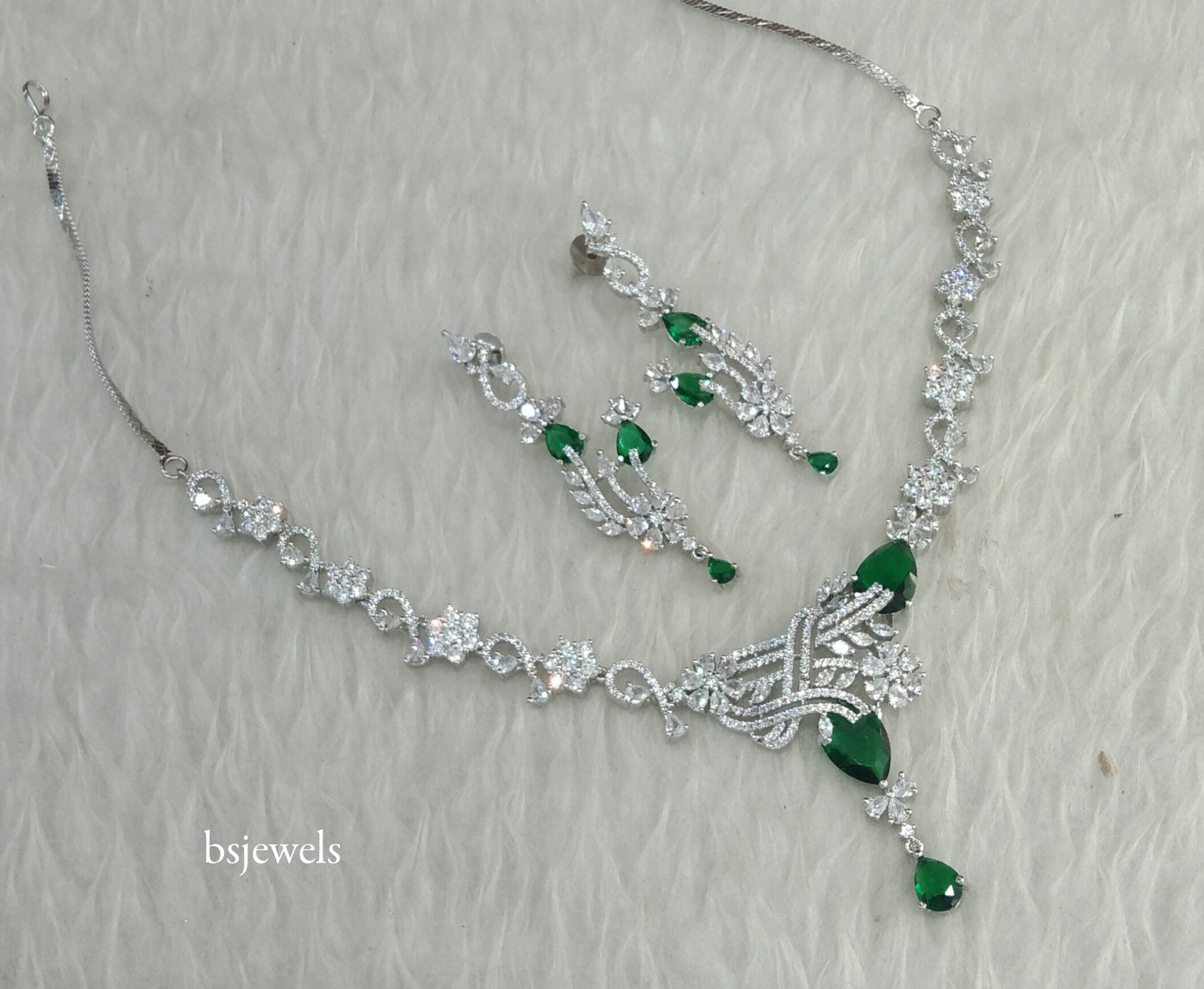 Silver Green American Diamond Ad Vera Necklace Set