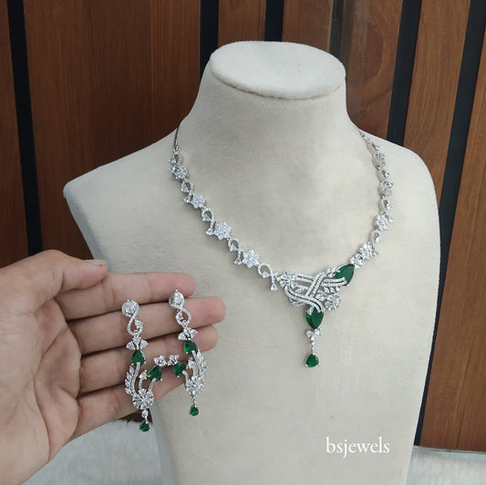 Silver Green American Diamond Ad Vera Necklace Set
