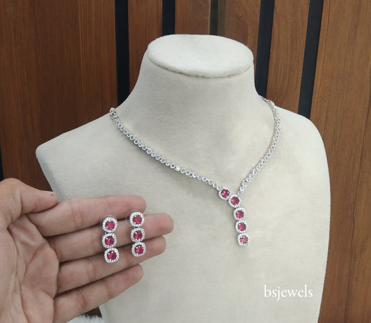 Silver Ruby American Diamond Ad Maya Necklace Set