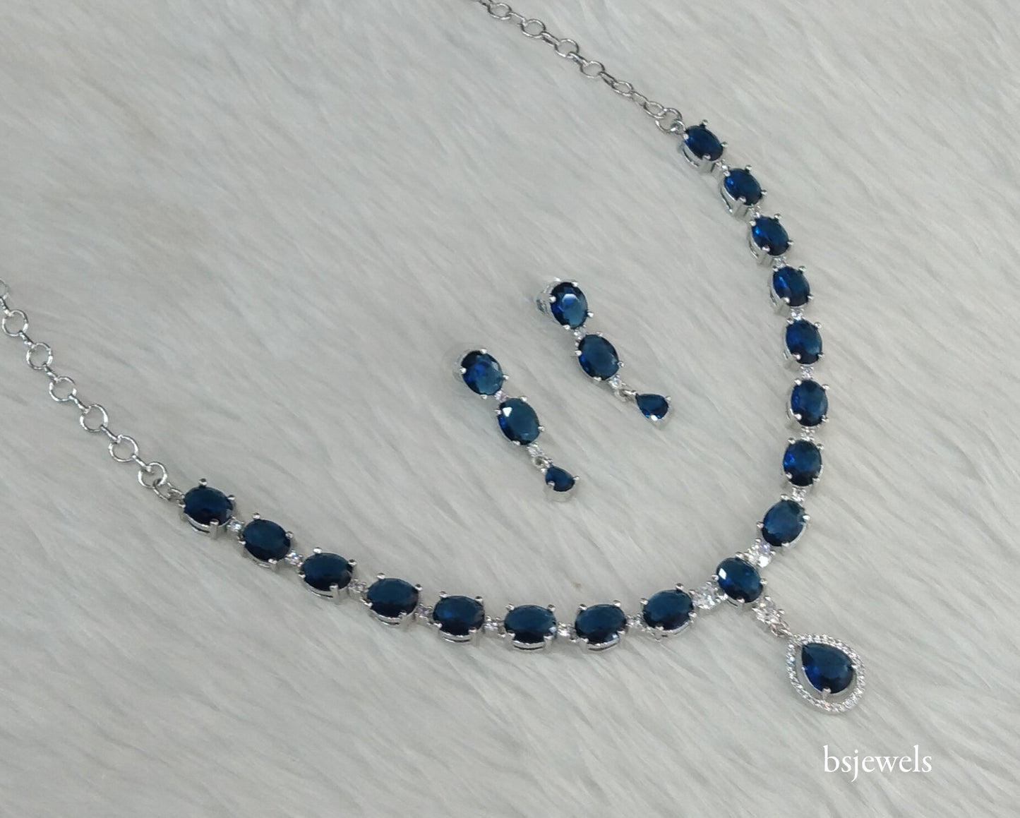 Silver Blue American Diamond Ad Guneet Necklace Set