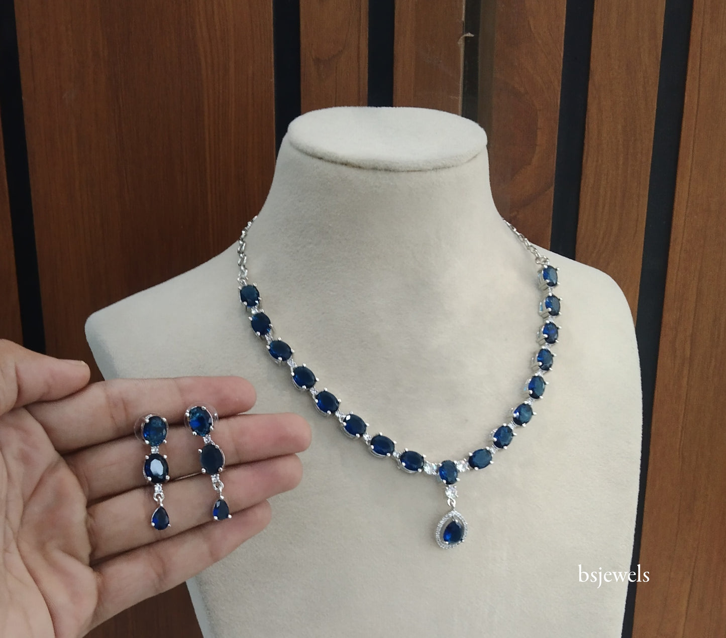 Silver Blue American Diamond Ad Guneet Necklace Set