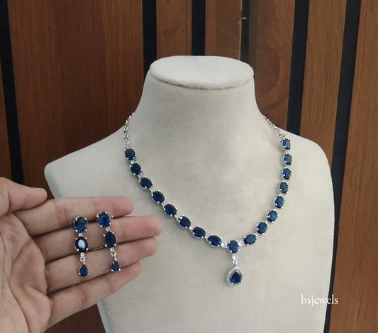 Silver Blue American Diamond Ad Guneet Necklace Set