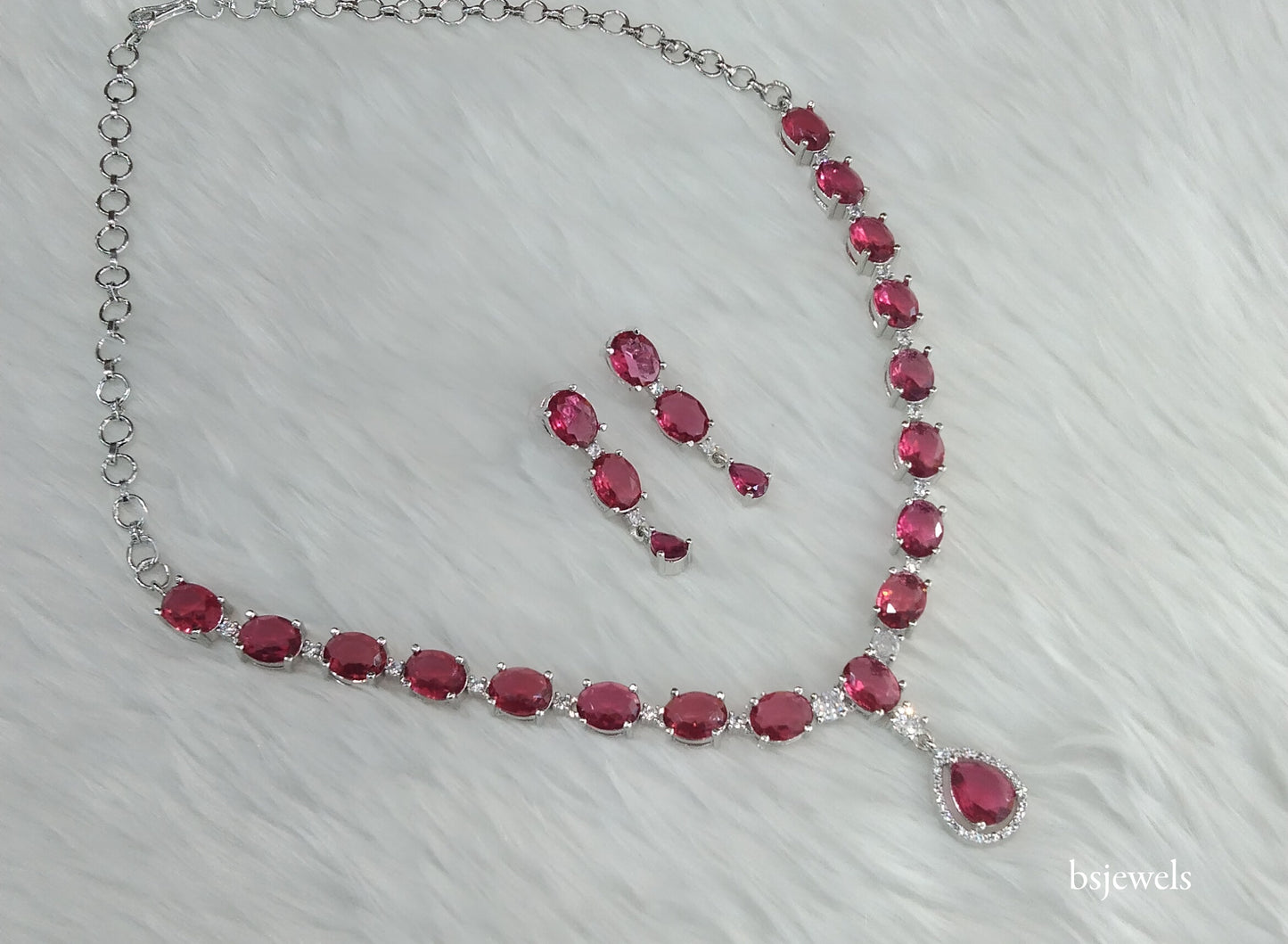 Silver Ruby American Diamond Ad Guneet Necklace Set