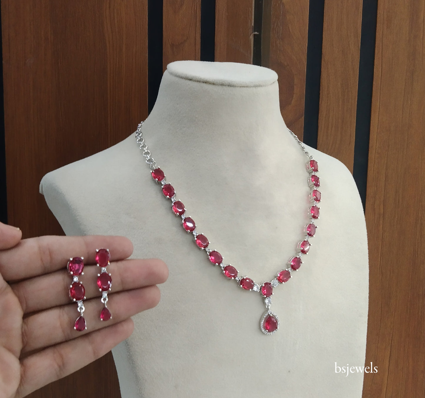 Silver Ruby American Diamond Ad Guneet Necklace Set