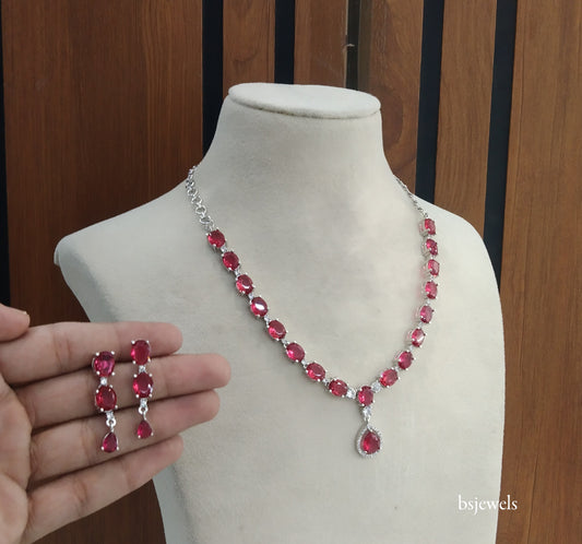 Silver Ruby American Diamond Ad Guneet Necklace Set
