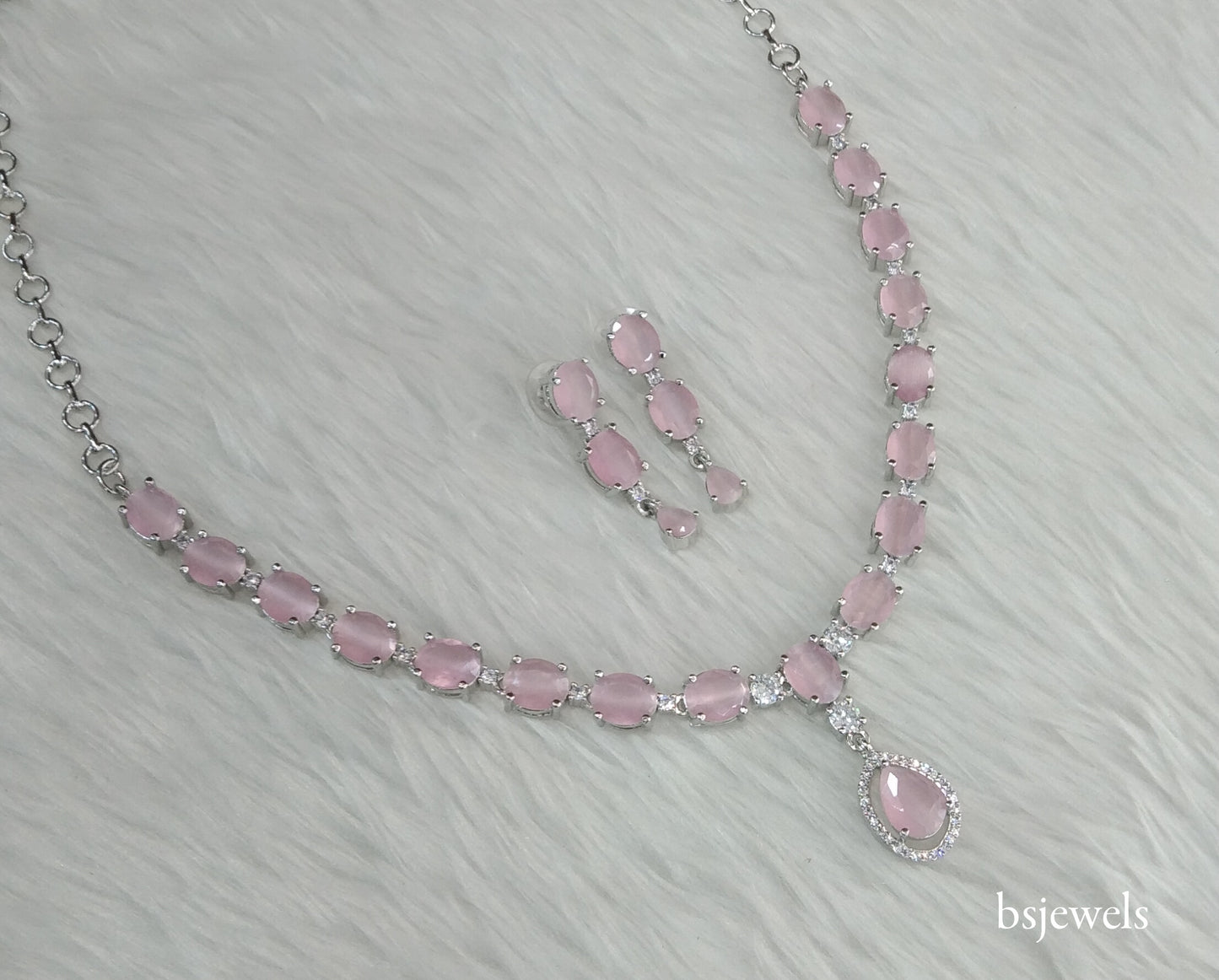Silver Pink American Diamond Ad Guneet Necklace Set