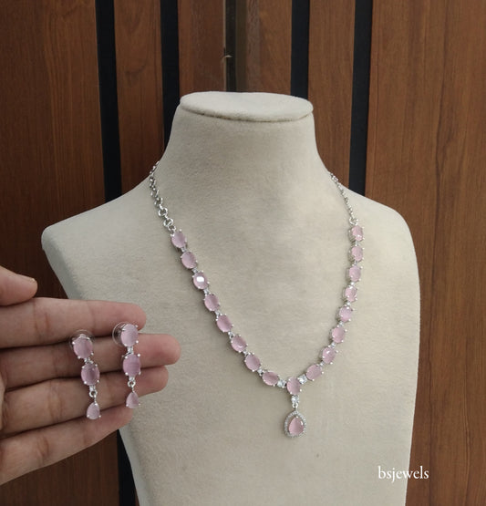 Silver Pink American Diamond Ad Guneet Necklace Set