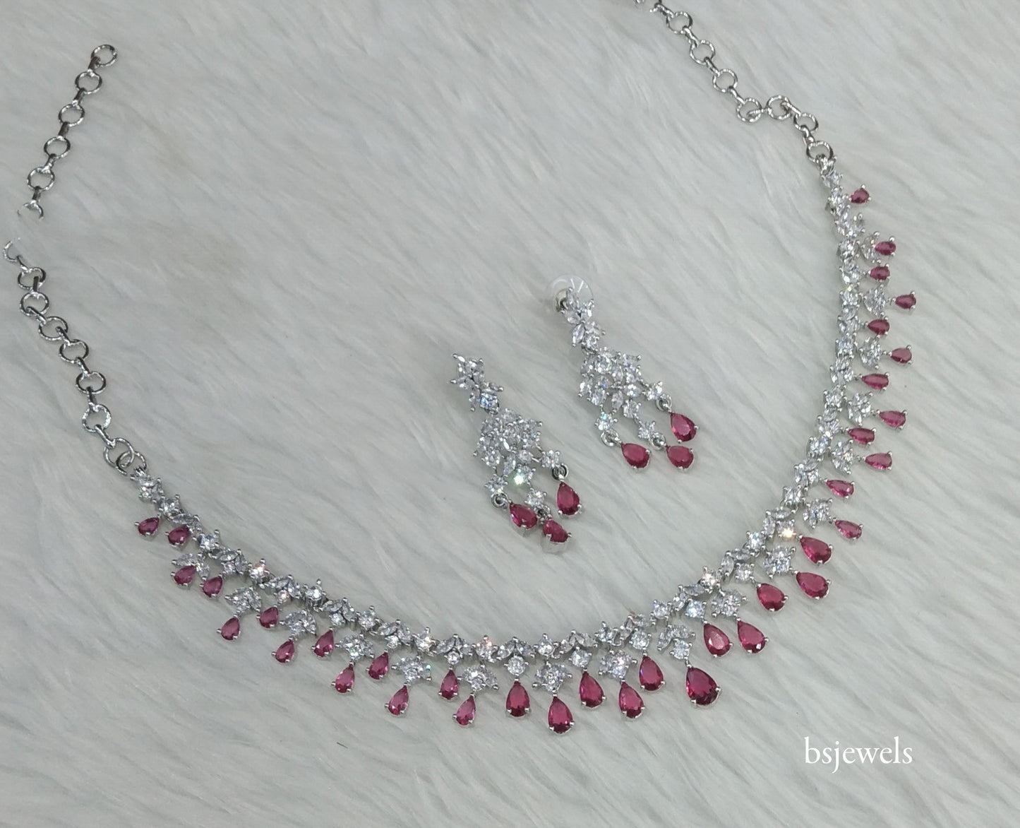 Silver Ruby American Diamond Ad Anita Necklace Set