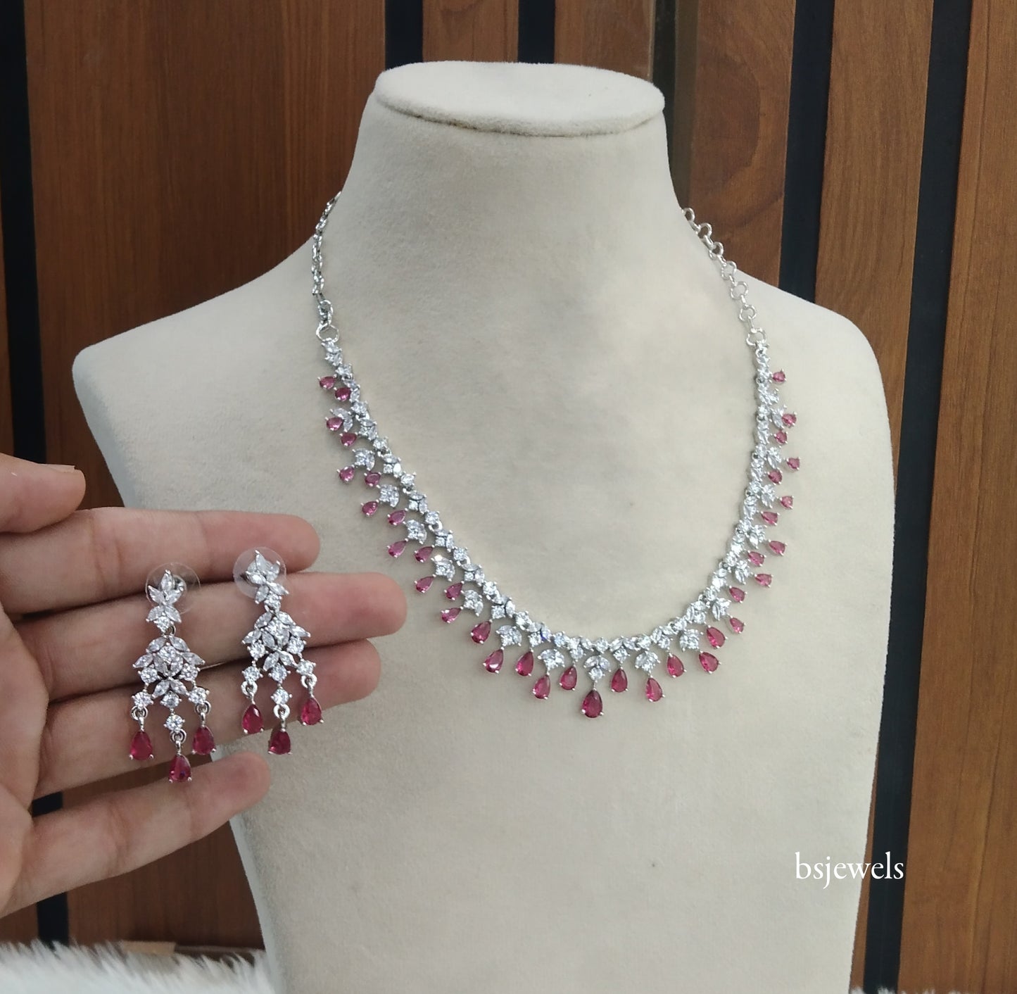 Silver Ruby American Diamond Ad Anita Necklace Set