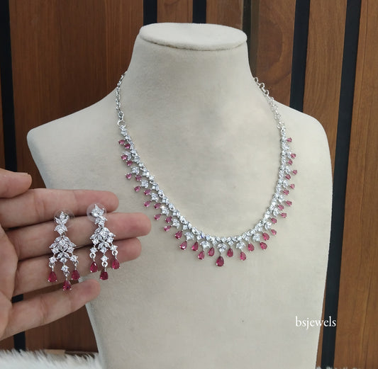 Silver Ruby American Diamond Ad Anita Necklace Set