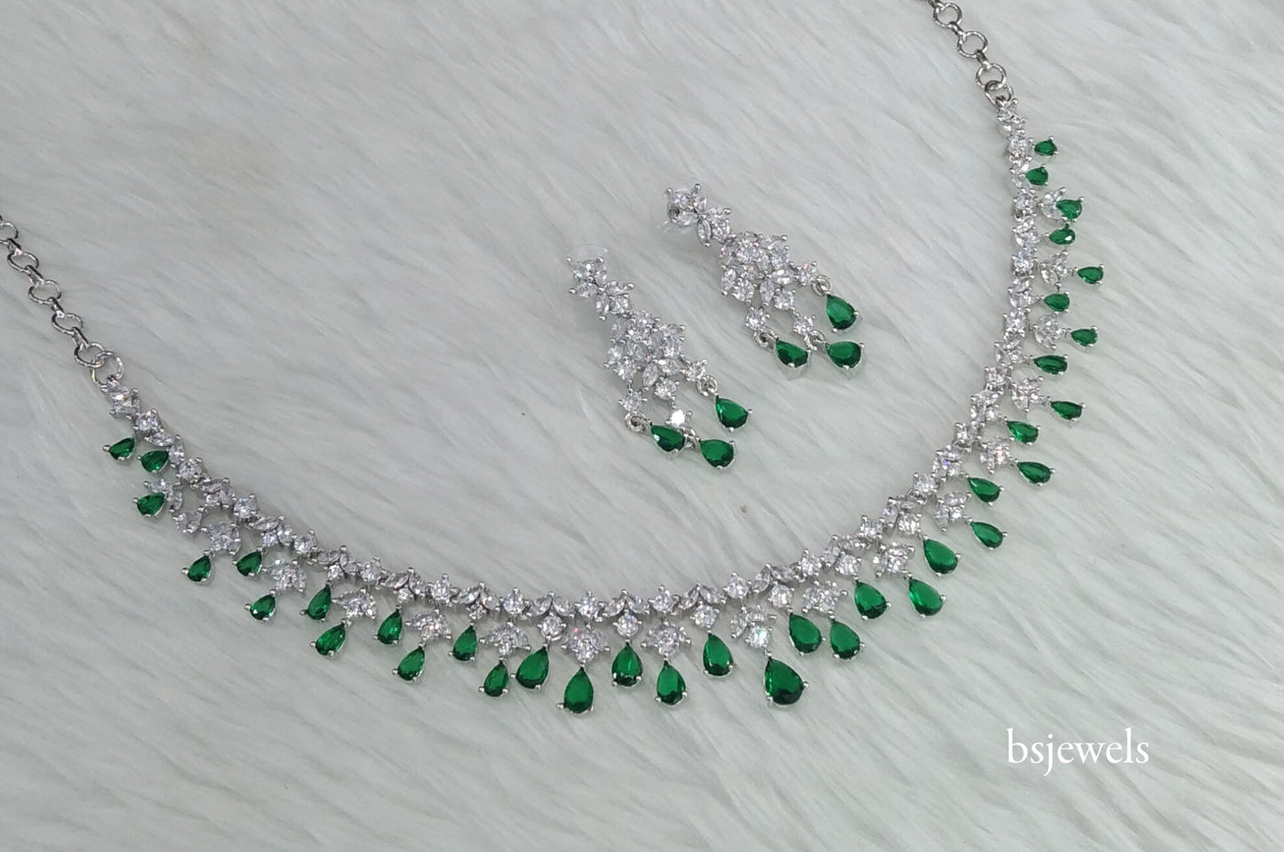 Silver Green American Diamond Ad Anita Necklace Set