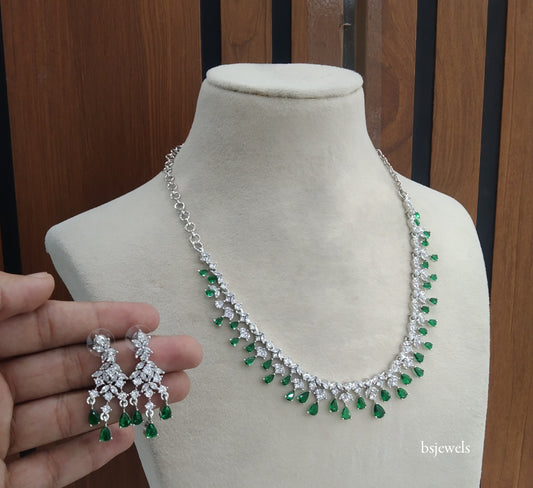 Silver Green American Diamond Ad Anita Necklace Set