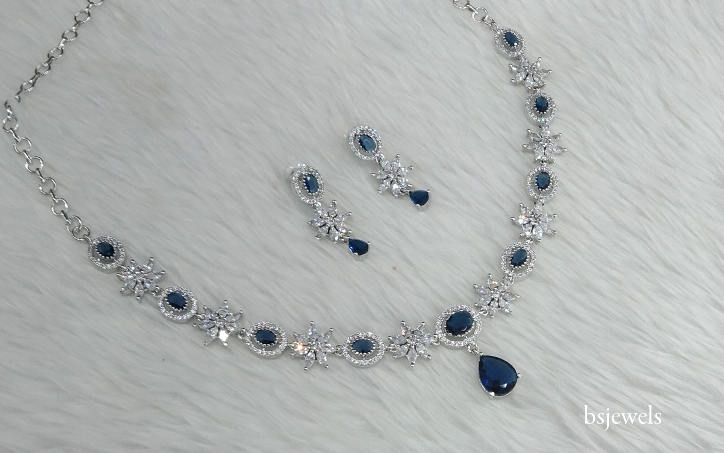 Silver Blue American Diamond Ad Tania Necklace Set