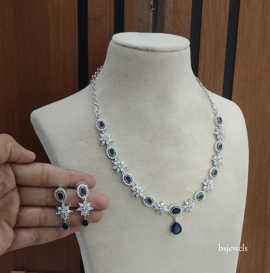 Silver Blue American Diamond Ad Tania Necklace Set