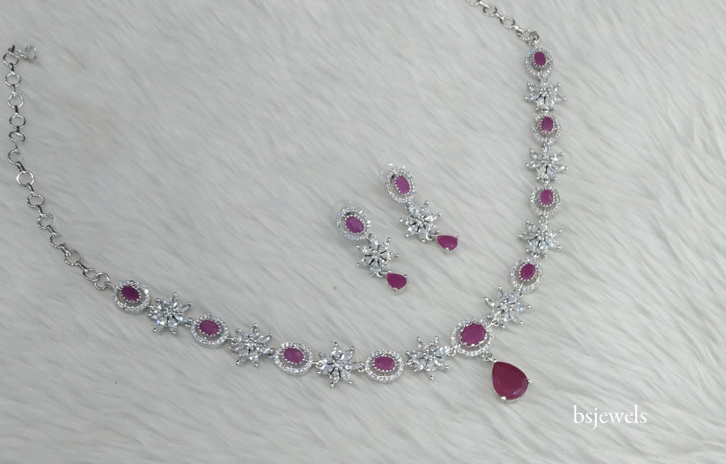 Silver Dark Pink American Diamond Ad Tania Necklace Set
