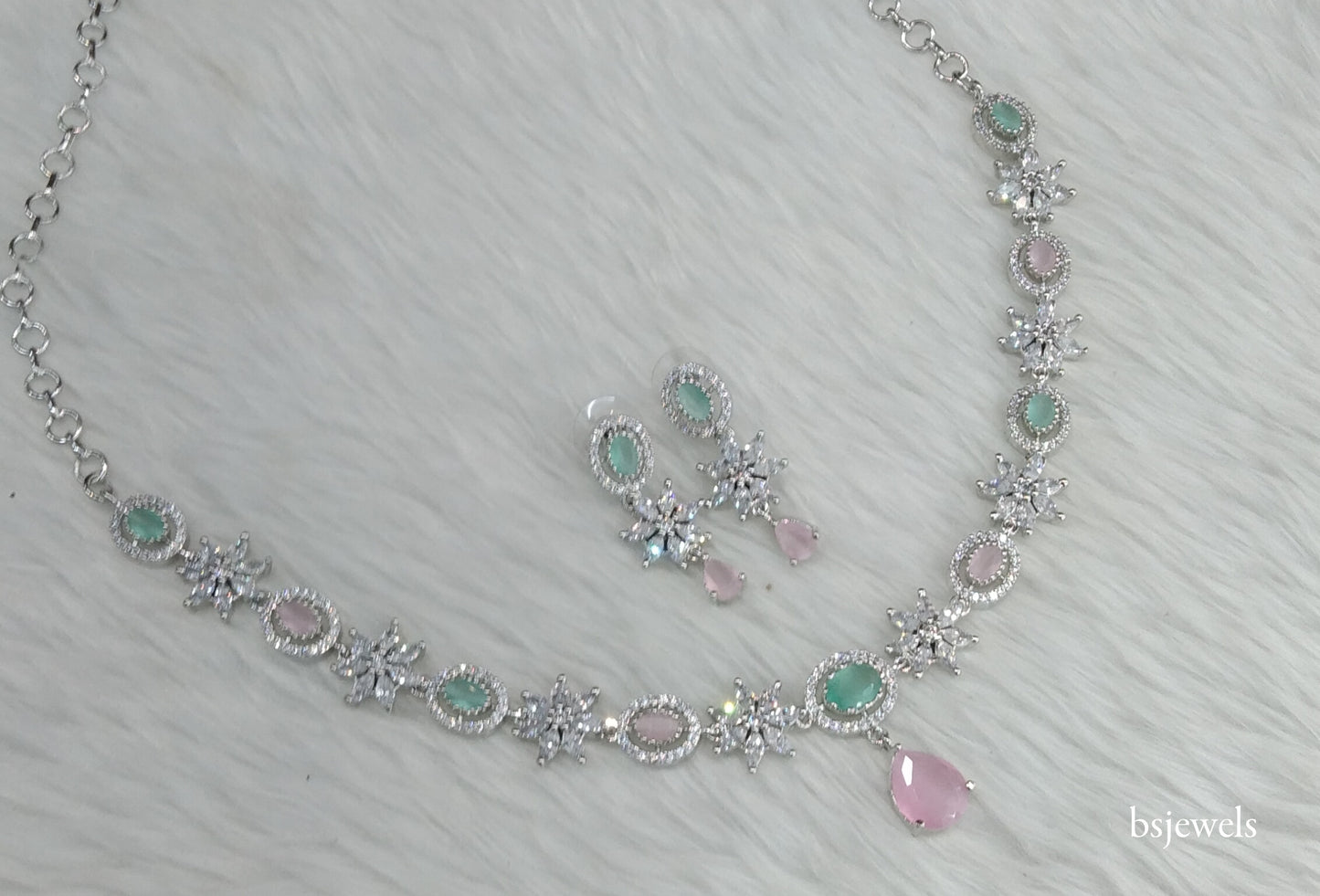 Silver Mint Pink American Diamond Ad Tania Necklace Set