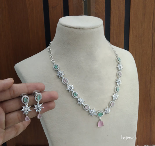 Silver Mint Pink American Diamond Ad Tania Necklace Set
