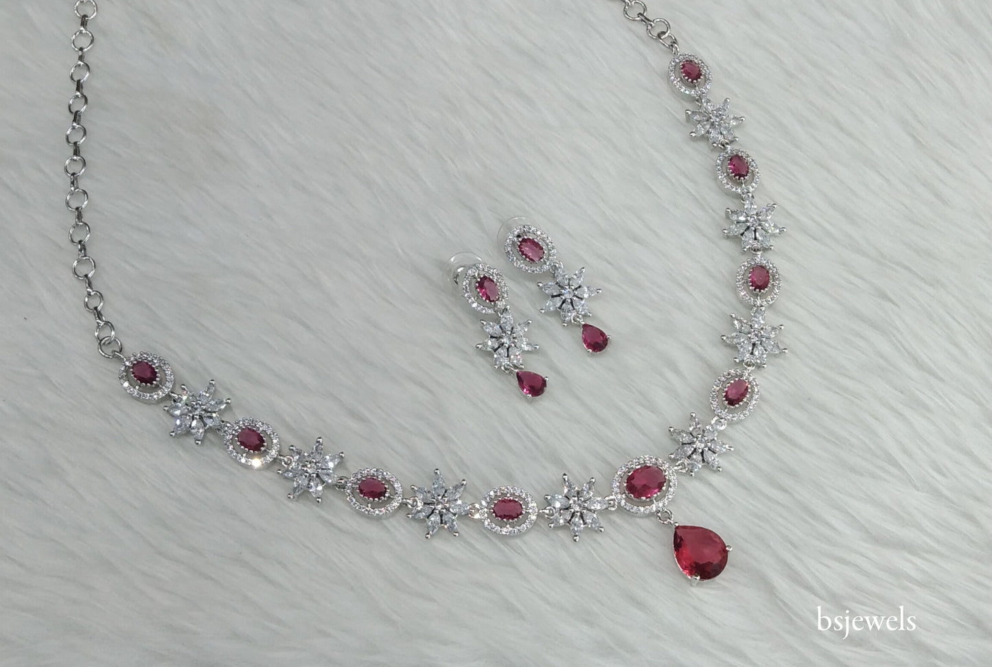 Silver Ruby American Diamond Ad Tania Necklace Set