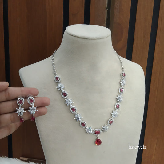 Silver Ruby American Diamond Ad Tania Necklace Set
