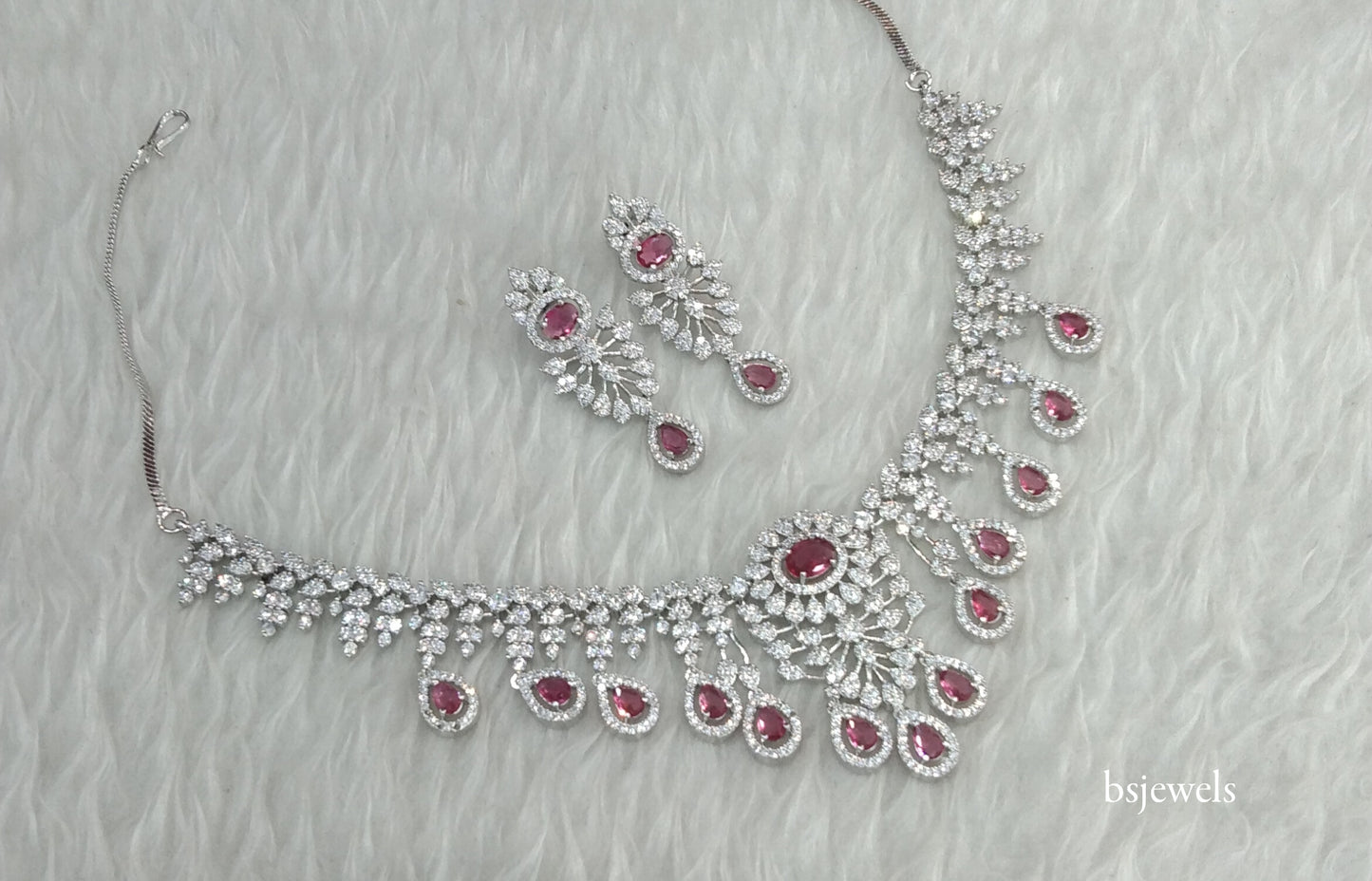 Silver Ruby American Diamond Ad Karam Necklace Set