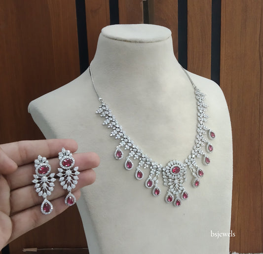 Silver Ruby American Diamond Ad Karam Necklace Set