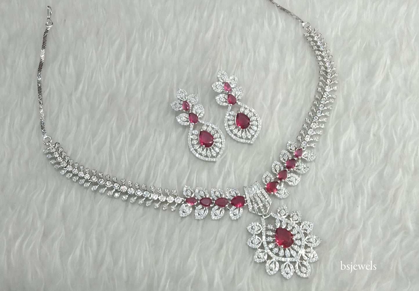 Silver Ruby American Diamond Ad Karam Necklace Set