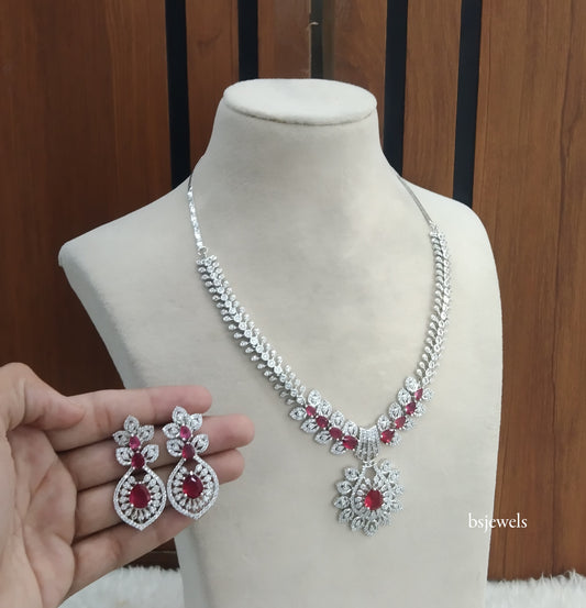 Silver Ruby American Diamond Ad Karam Necklace Set