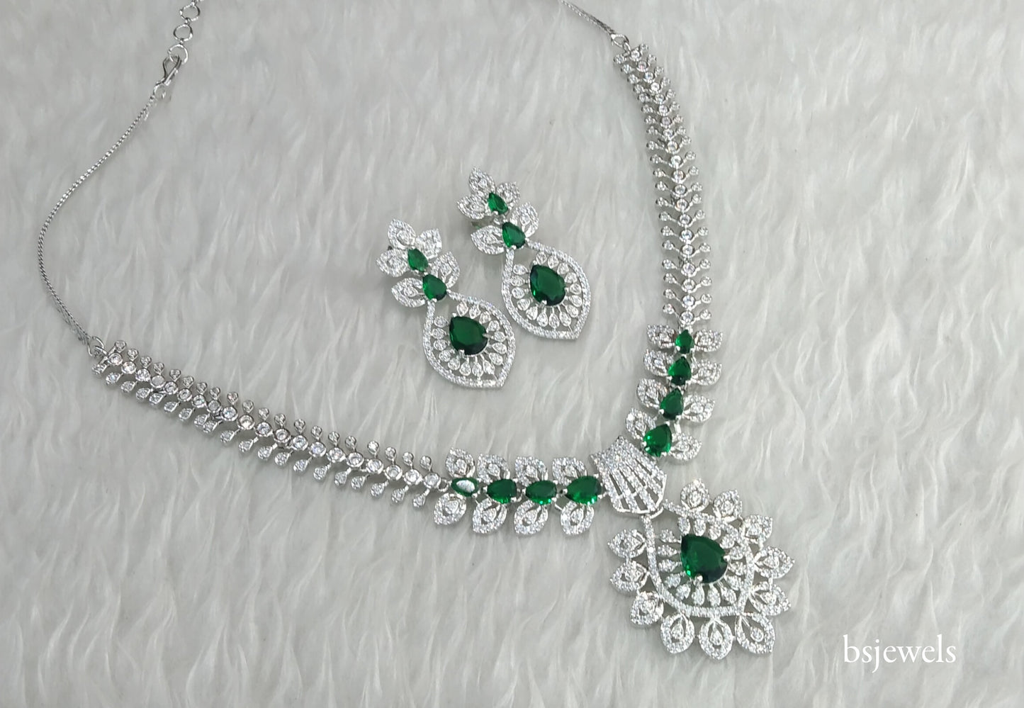 Silver Green American Diamond Ad Karam Necklace Set