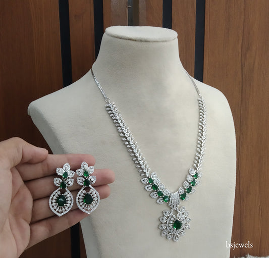 Silver Green American Diamond Ad Karam Necklace Set