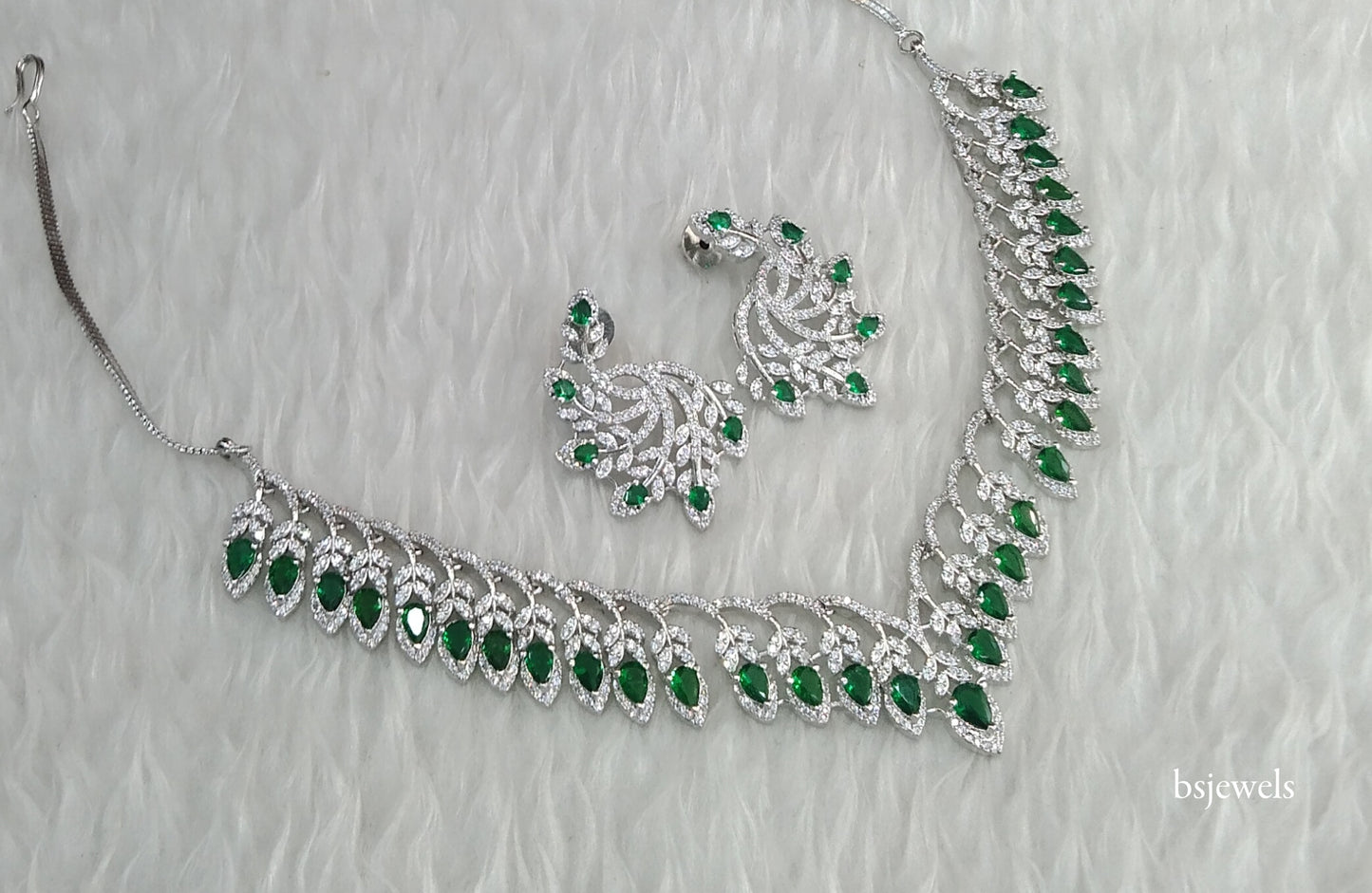 Silver Green American Diamond Ad Karam Necklace Set