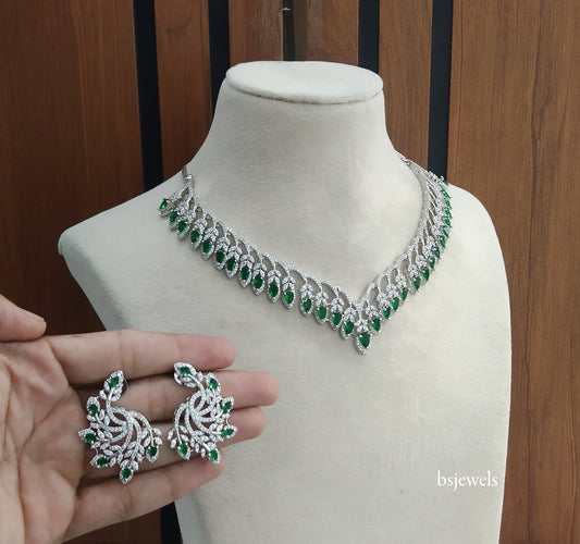 Silver Green American Diamond Ad Karam Necklace Set