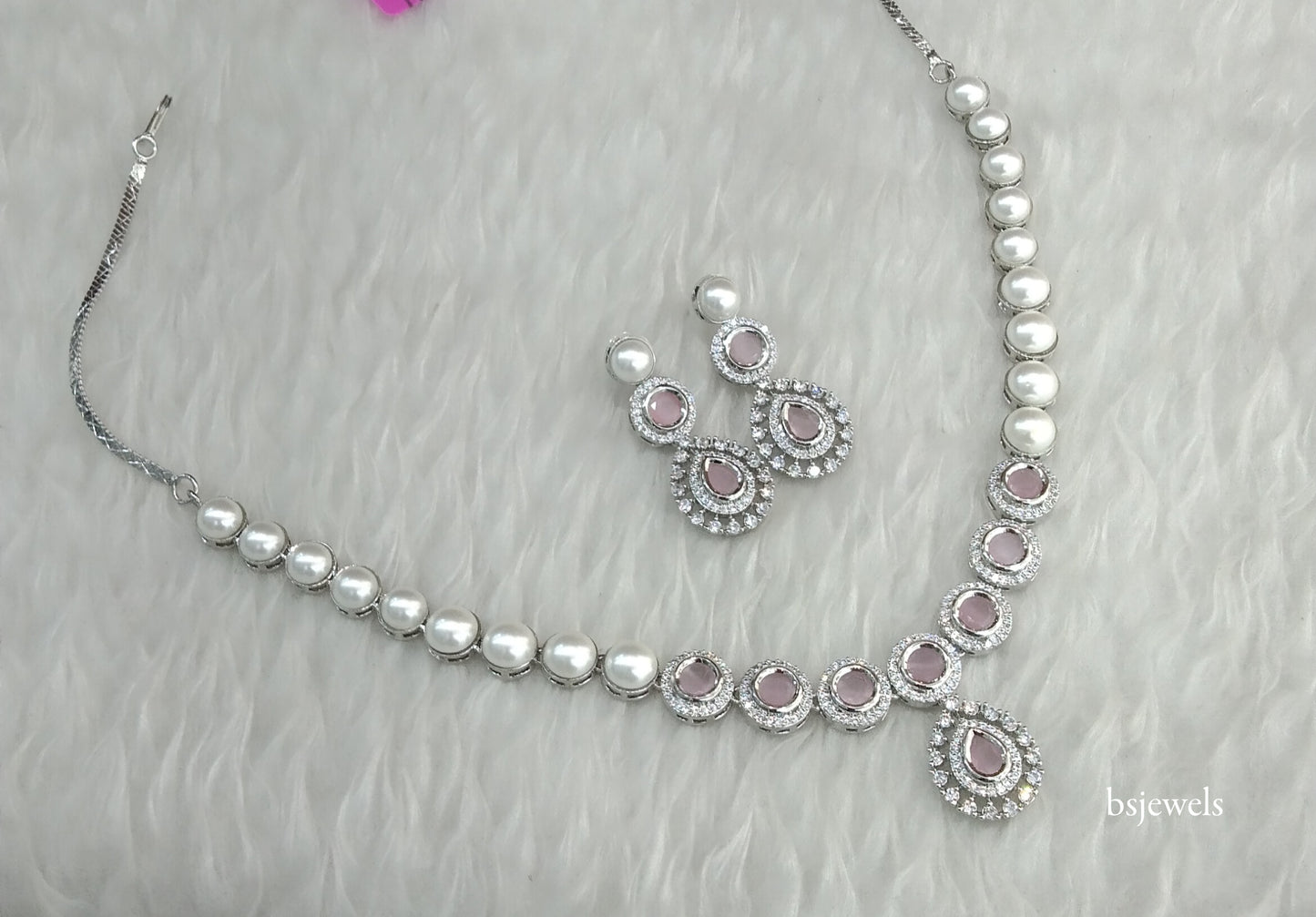 Silver Pink American Diamond Ad Navjot Necklace Set