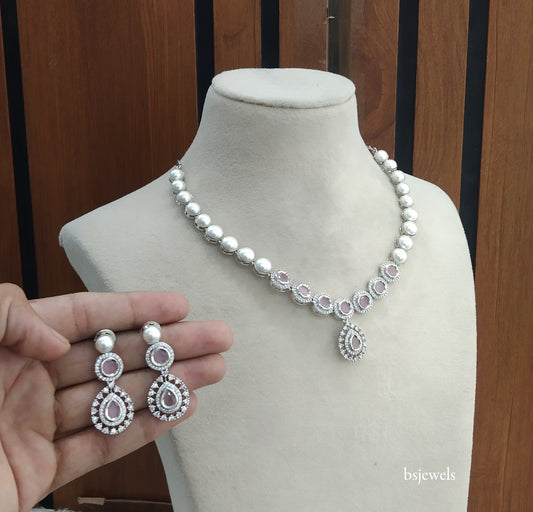 Silver Pink American Diamond Ad Navjot Necklace Set