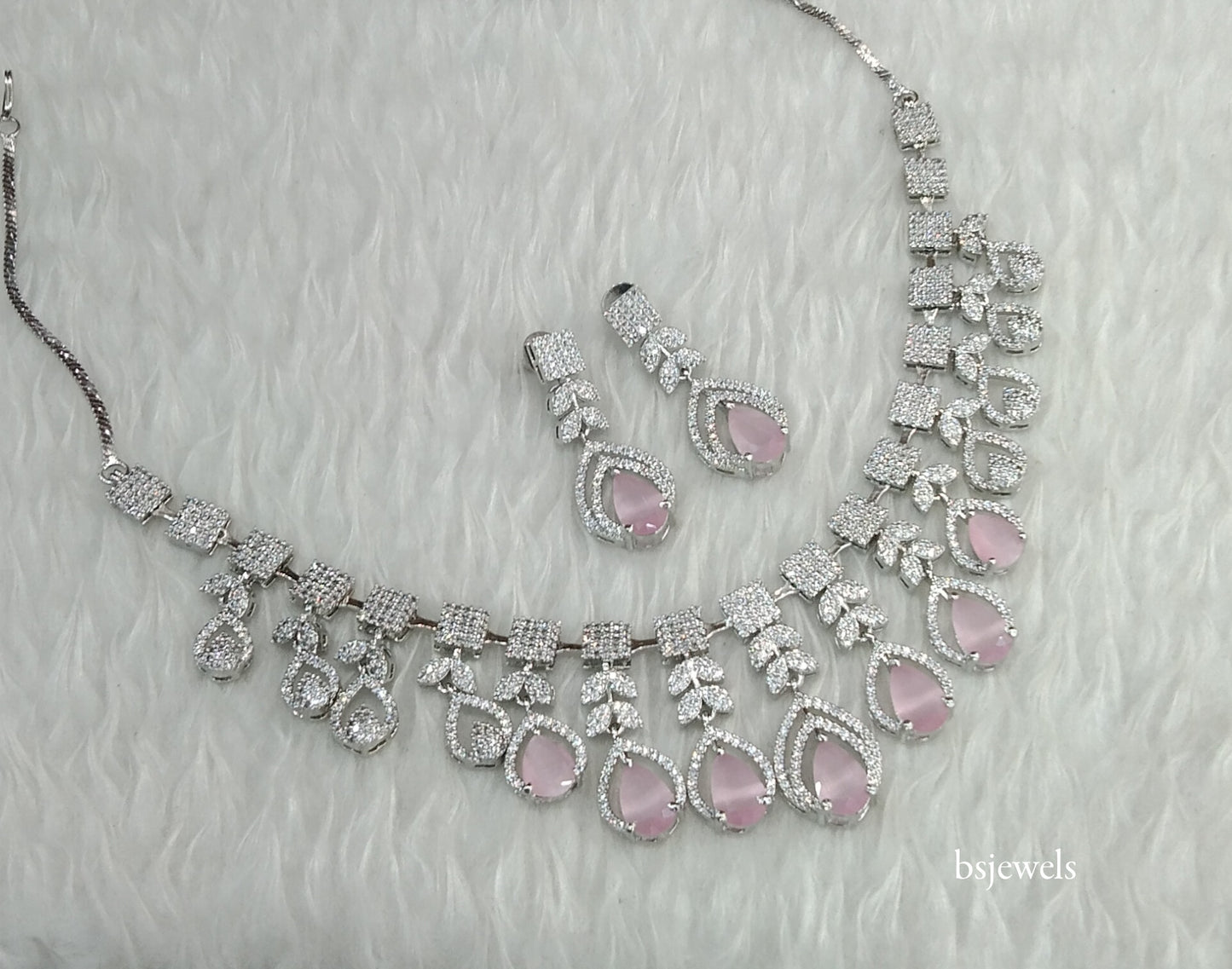 Silver Pink American Diamond Ad Navjot Necklace Set