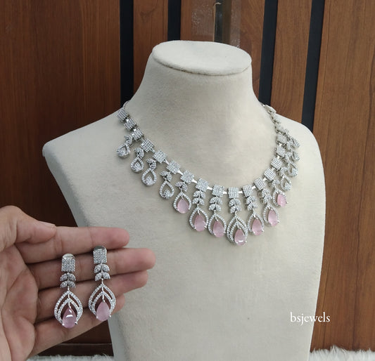 Silver Pink American Diamond Ad Navjot Necklace Set
