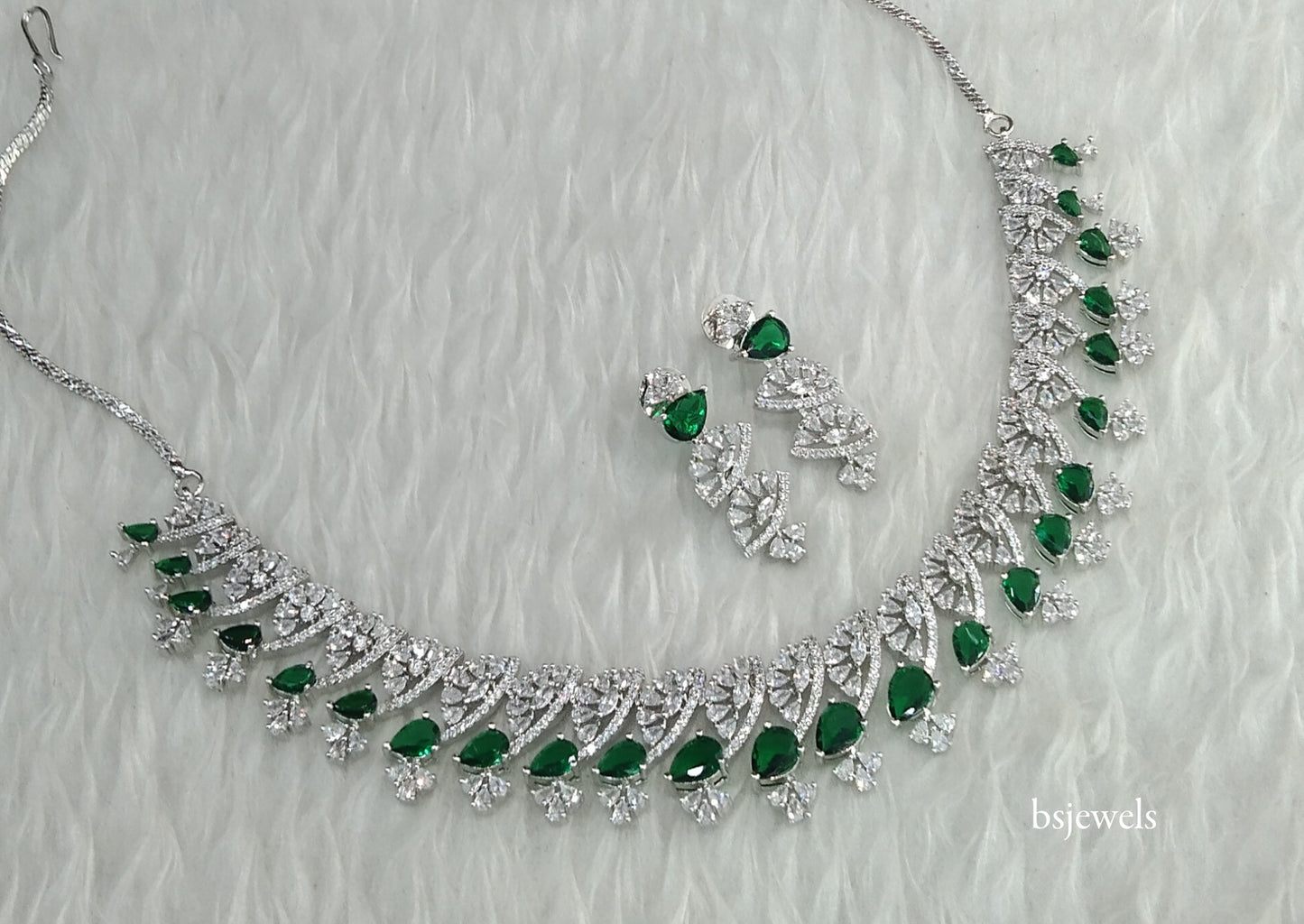 Silver green American Diamond Ad Navjot Necklace Set