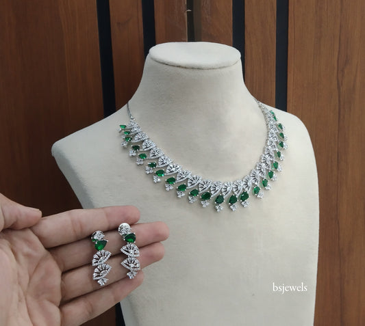 Silver green American Diamond Ad Navjot Necklace Set