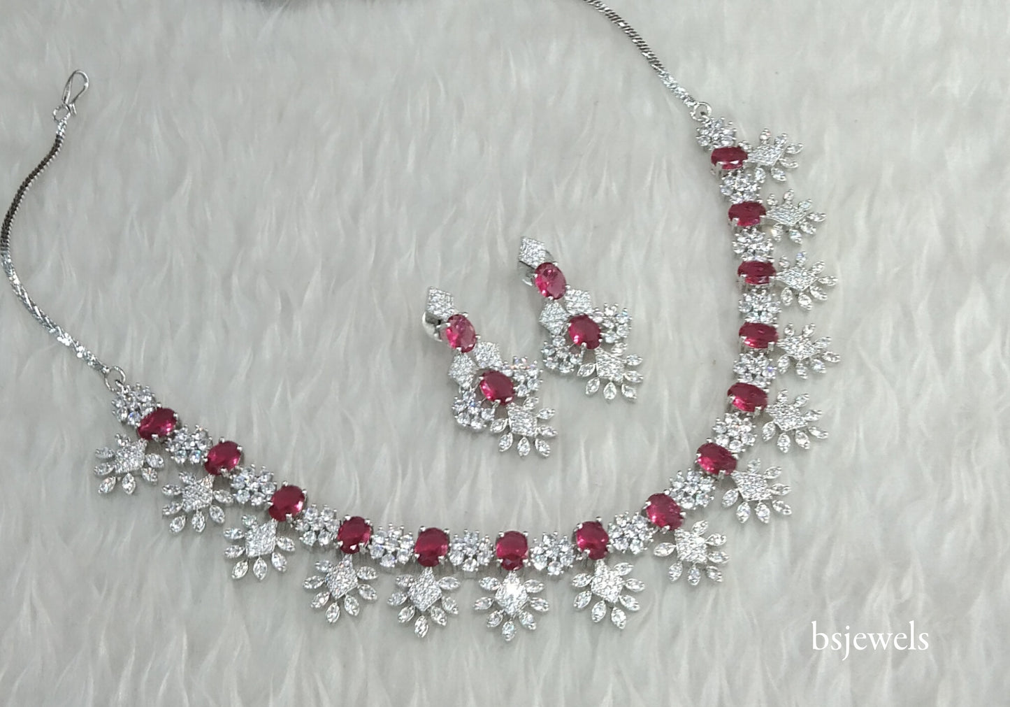 Silver Ruby American Diamond Ad Navjot Necklace Set