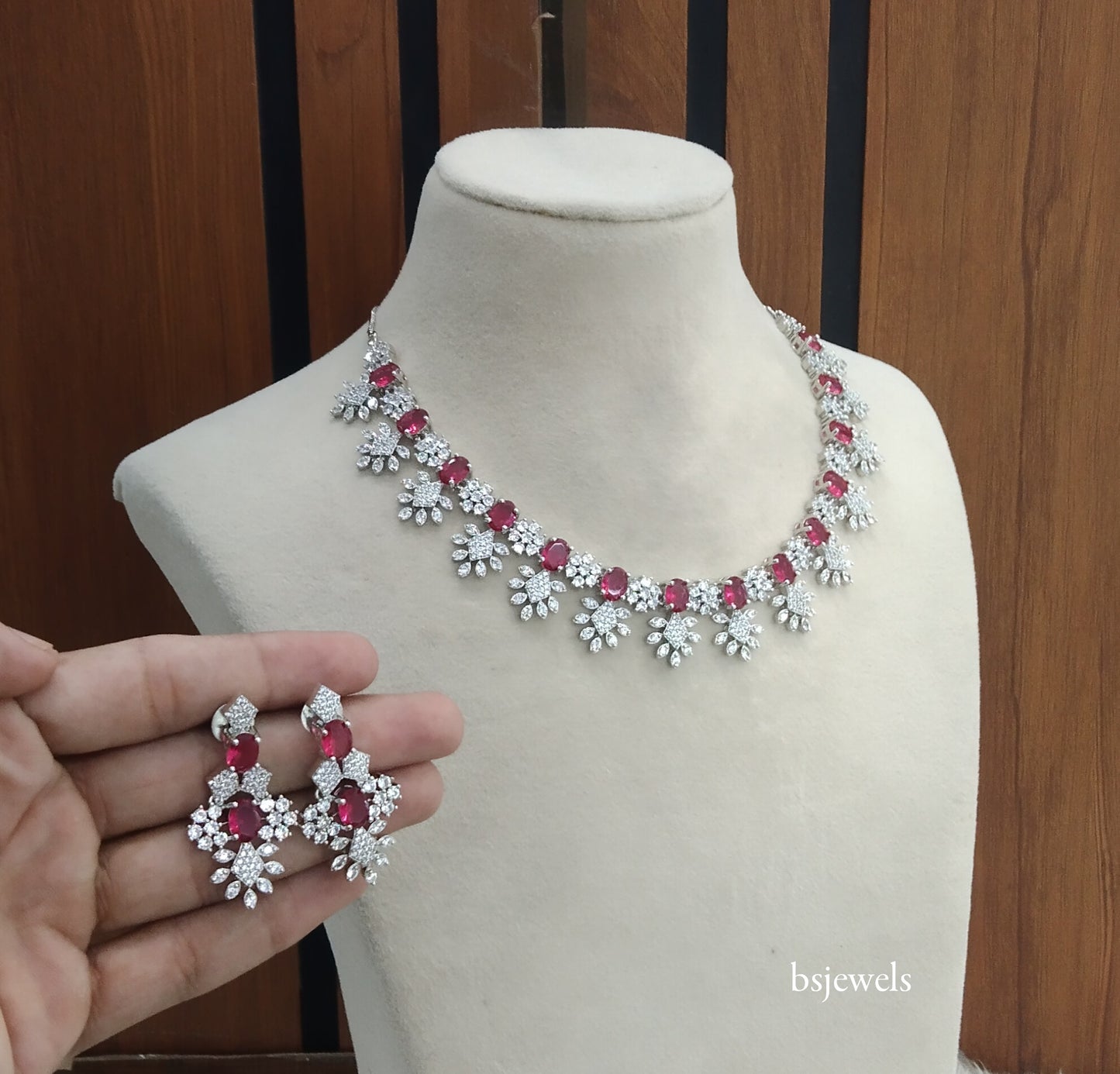 Silver Ruby American Diamond Ad Navjot Necklace Set